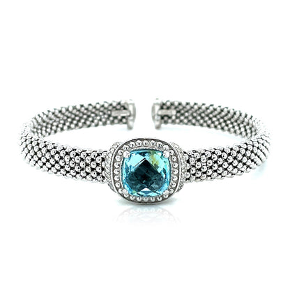 Popcorn Texture Cuff Bangle with Blue Topaz and Diamonds in Sterling Silver (8.00 mm)-Teresa&#39;s Fashionista LLC