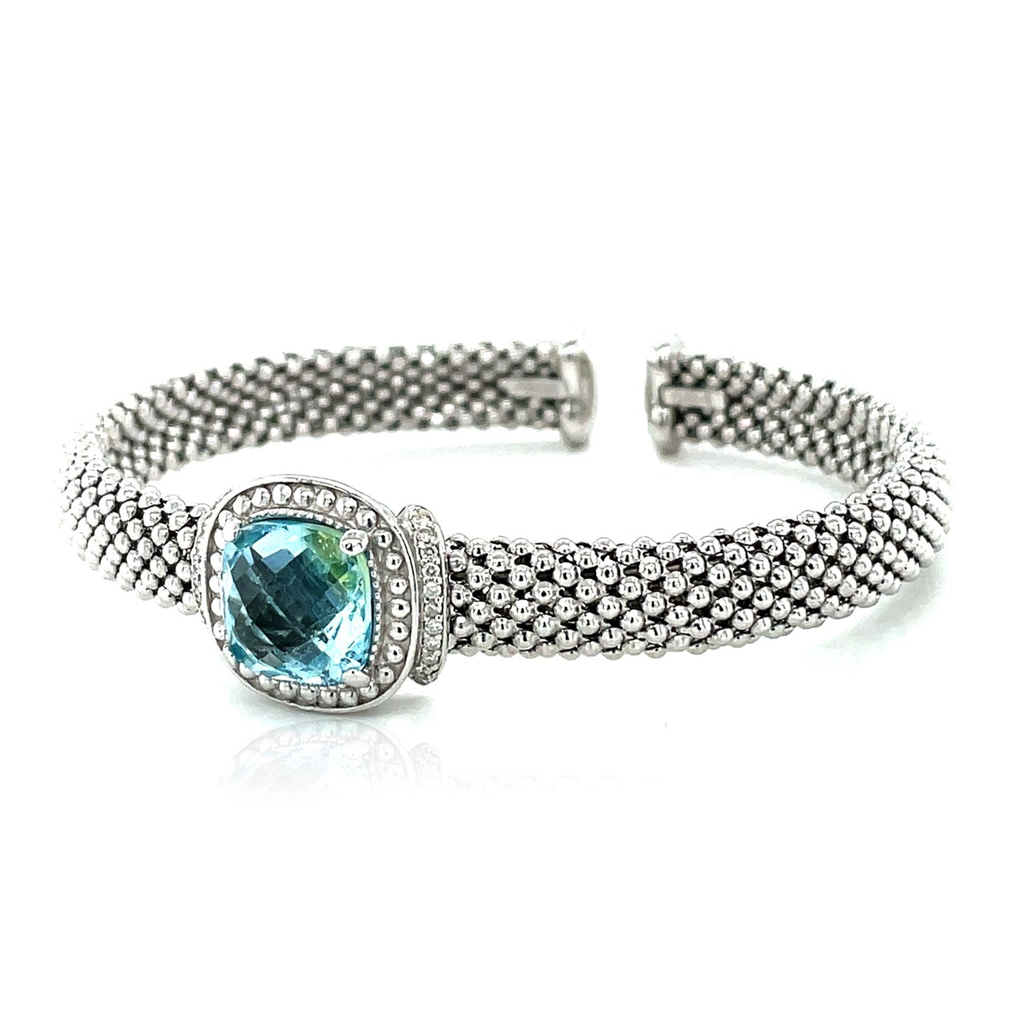 Popcorn Texture Cuff Bangle with Blue Topaz and Diamonds in Sterling Silver (8.00 mm)-Teresa&#39;s Fashionista LLC