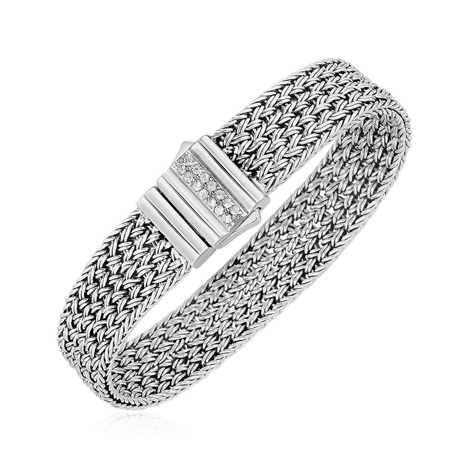 Woven Rope Bracelet with White Sapphire Accented Clasp in Sterling Silver (15.00 mm)-Teresa&#39;s Fashionista LLC