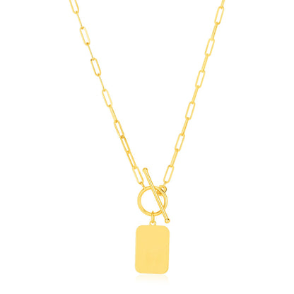 14k Yellow Gold Paperclip Chain Necklace with Rounded Rectangle Pendant-Teresa&#39;s Fashionista LLC