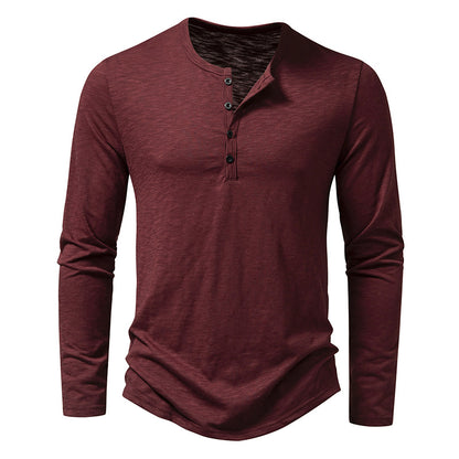 Mens Clothing Long Sleeve T-shirt Fashion Button Henry Collar Tops-Teresa&#39;s Fashionista LLC