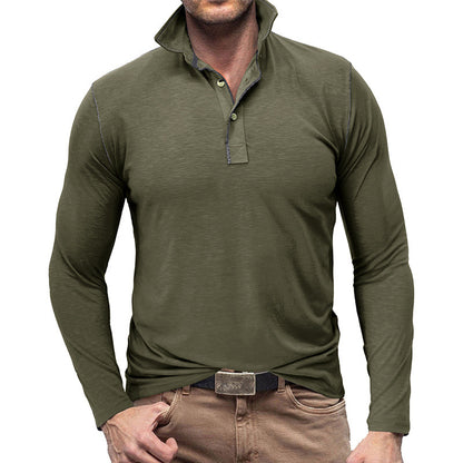 European And American Men's Henley Shirt Lapel T-shirt Top-Teresa&#39;s Fashionista LLC