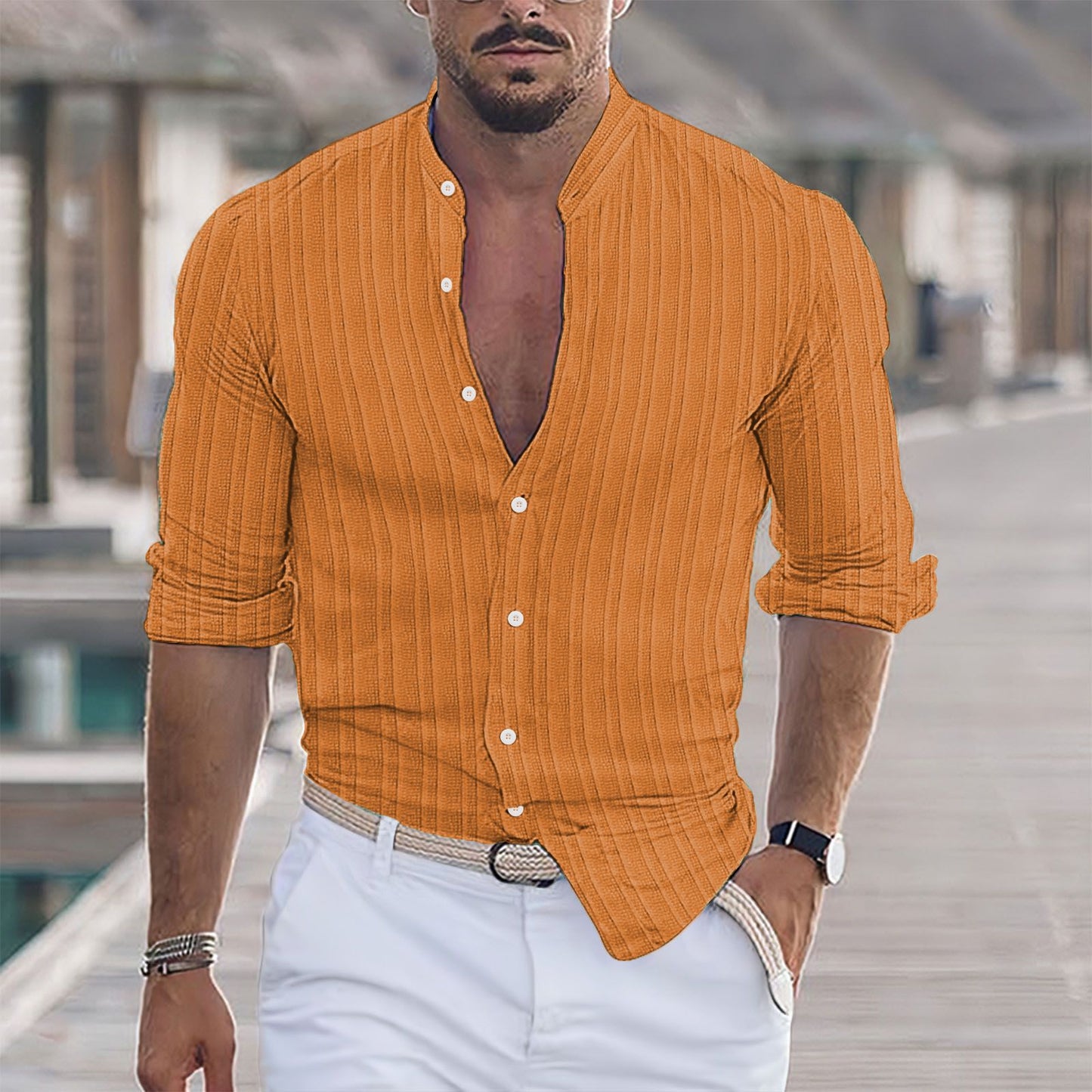 European And American Men's Cotton And Linen Stripes Jacquard Shirt-Teresa&#39;s Fashionista LLC