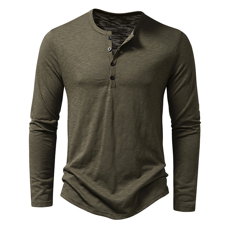 Mens Clothing Long Sleeve T-shirt Fashion Button Henry Collar Tops-Teresa&#39;s Fashionista LLC