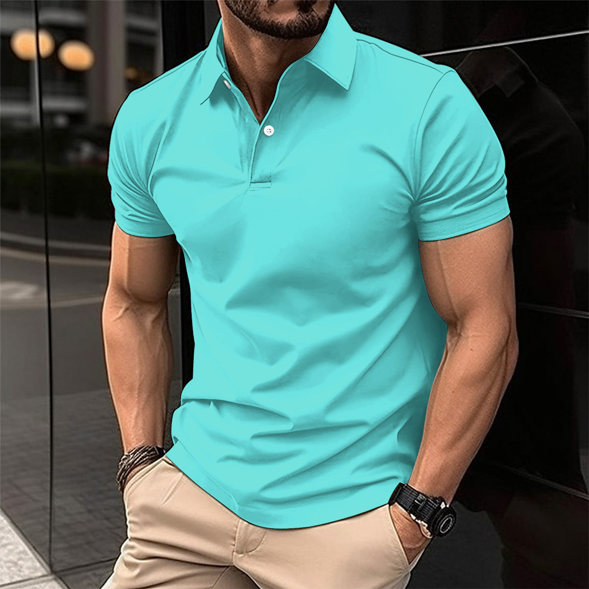 Summer Short Sleeve Polo Shirt Men Solid Color Button Lapel Button Top-Teresa&#39;s Fashionista LLC