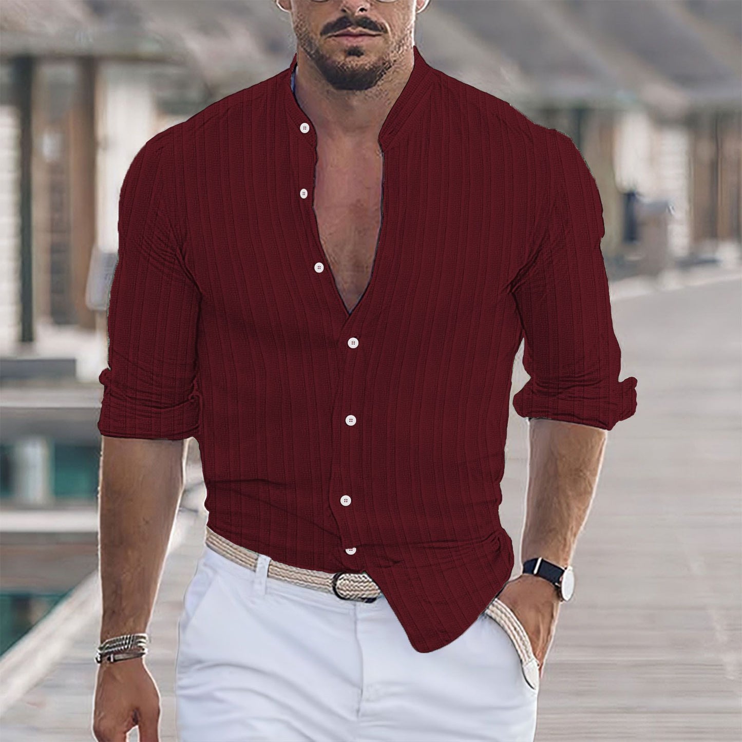 European And American Men's Cotton And Linen Stripes Jacquard Shirt-Teresa&#39;s Fashionista LLC