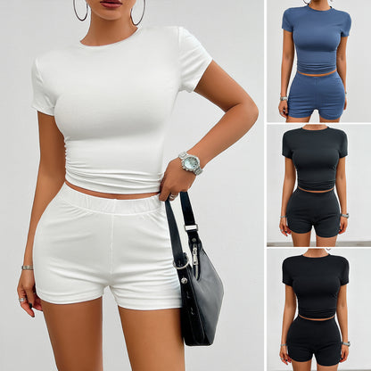 Solid Color Slim Sports Suit Summer 2Pcs Short-sleeved Round Neck T-shirt And Elastic Shorts Fashion Womens Clothing-Teresa&#39;s Fashionista LLC