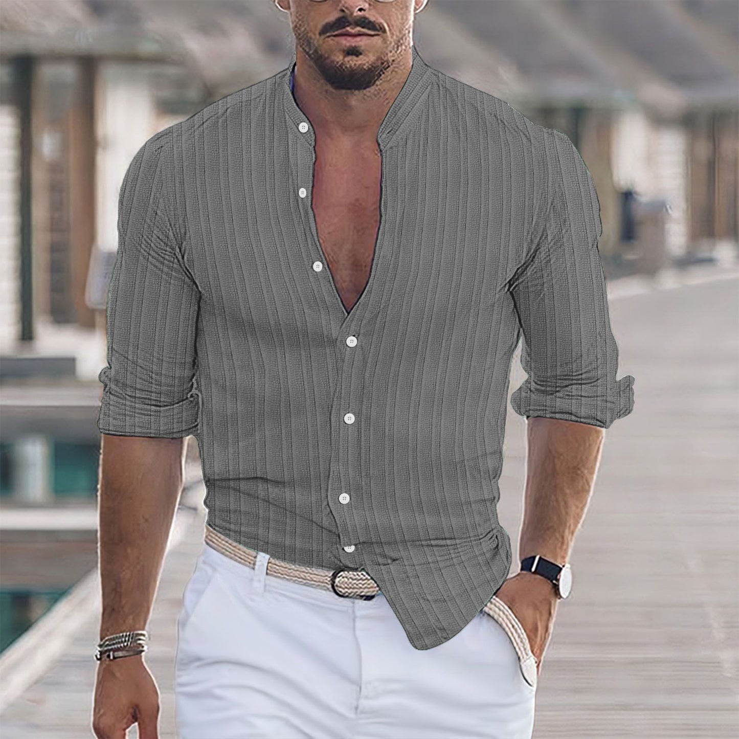 European And American Men's Cotton And Linen Stripes Jacquard Shirt-Teresa&#39;s Fashionista LLC