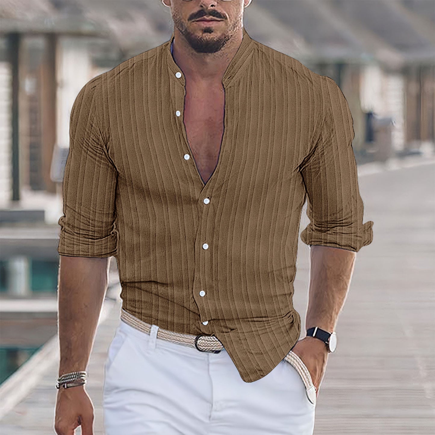 European And American Men's Cotton And Linen Stripes Jacquard Shirt-Teresa&#39;s Fashionista LLC