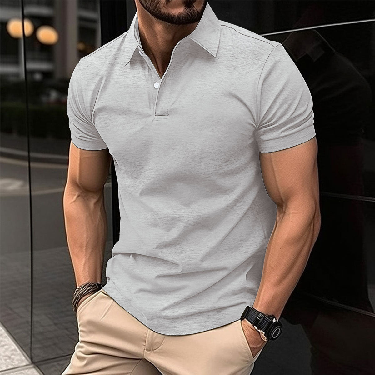 Summer Short Sleeve Polo Shirt Men Solid Color Button Lapel Button Top-Teresa&#39;s Fashionista LLC