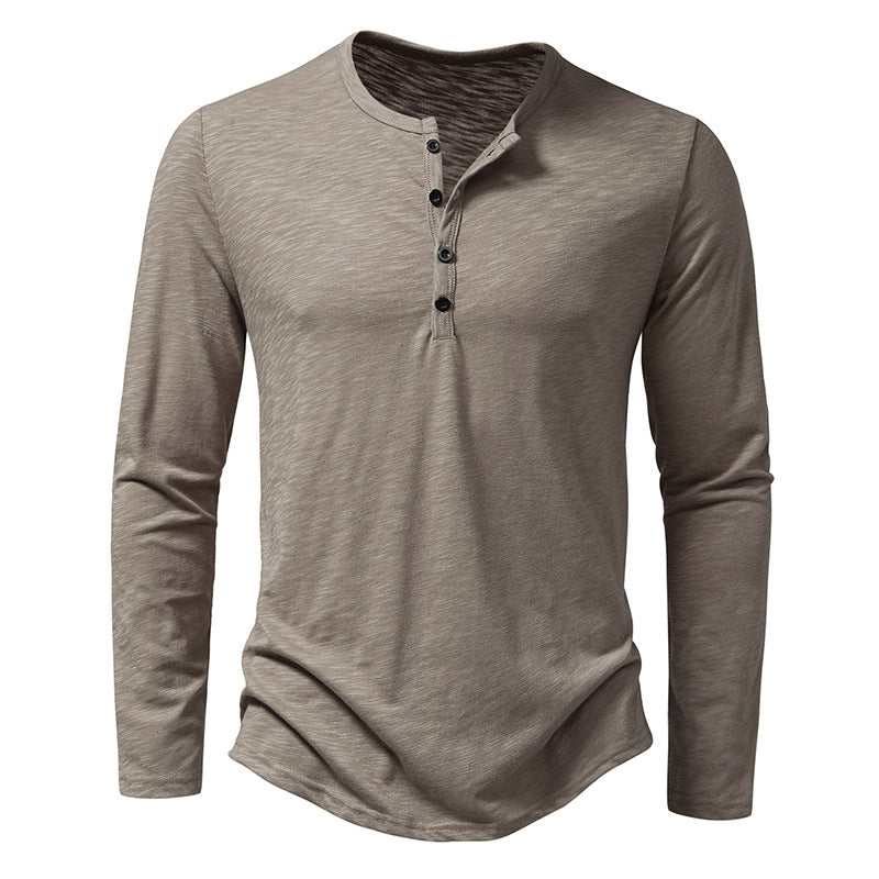 Mens Clothing Long Sleeve T-shirt Fashion Button Henry Collar Tops-Teresa&#39;s Fashionista LLC