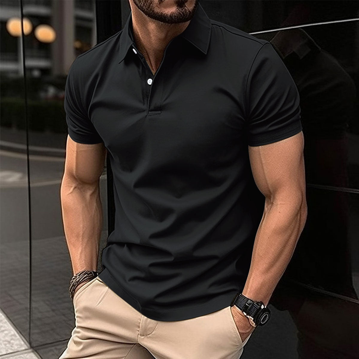 Summer Short Sleeve Polo Shirt Men Solid Color Button Lapel Button Top-Teresa&#39;s Fashionista LLC