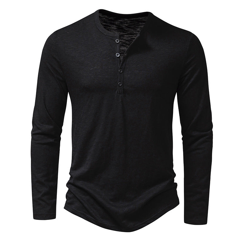 Mens Clothing Long Sleeve T-shirt Fashion Button Henry Collar Tops-Teresa&#39;s Fashionista LLC