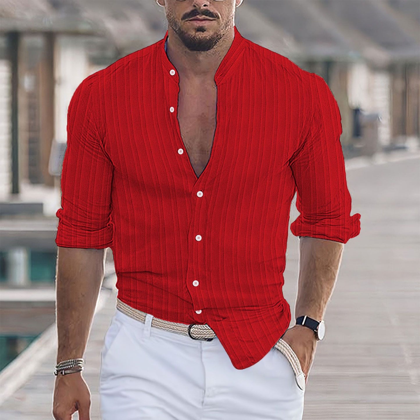 European And American Men's Cotton And Linen Stripes Jacquard Shirt-Teresa&#39;s Fashionista LLC