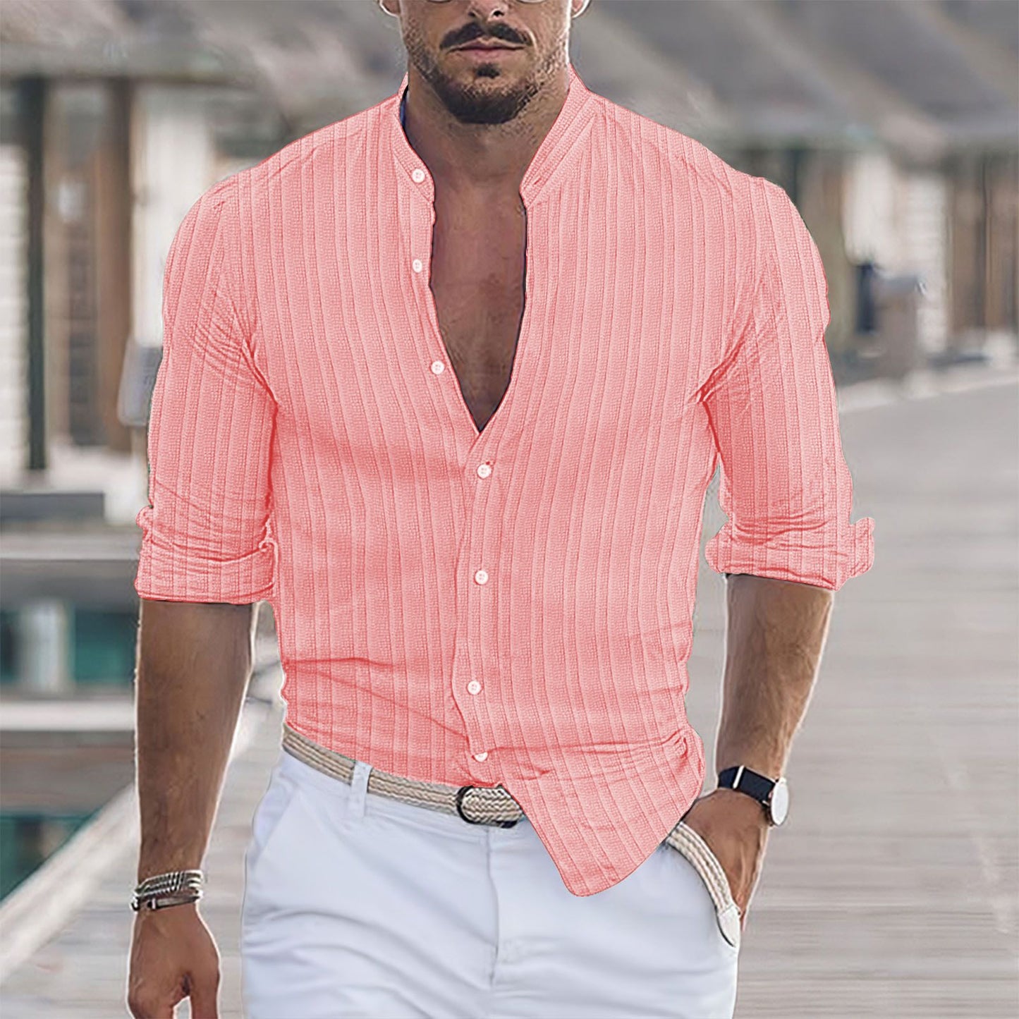 European And American Men's Cotton And Linen Stripes Jacquard Shirt-Teresa&#39;s Fashionista LLC