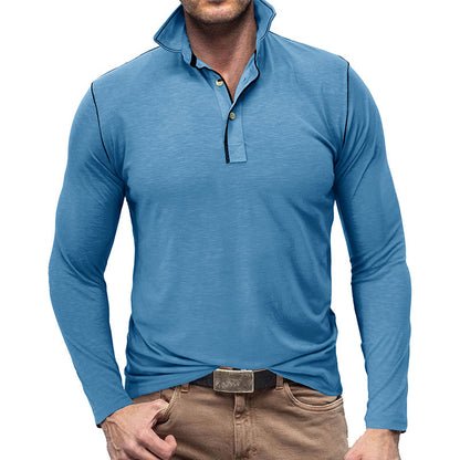 European And American Men's Henley Shirt Lapel T-shirt Top-Teresa&#39;s Fashionista LLC