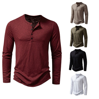 Mens Clothing Long Sleeve T-shirt Fashion Button Henry Collar Tops-Teresa&#39;s Fashionista LLC