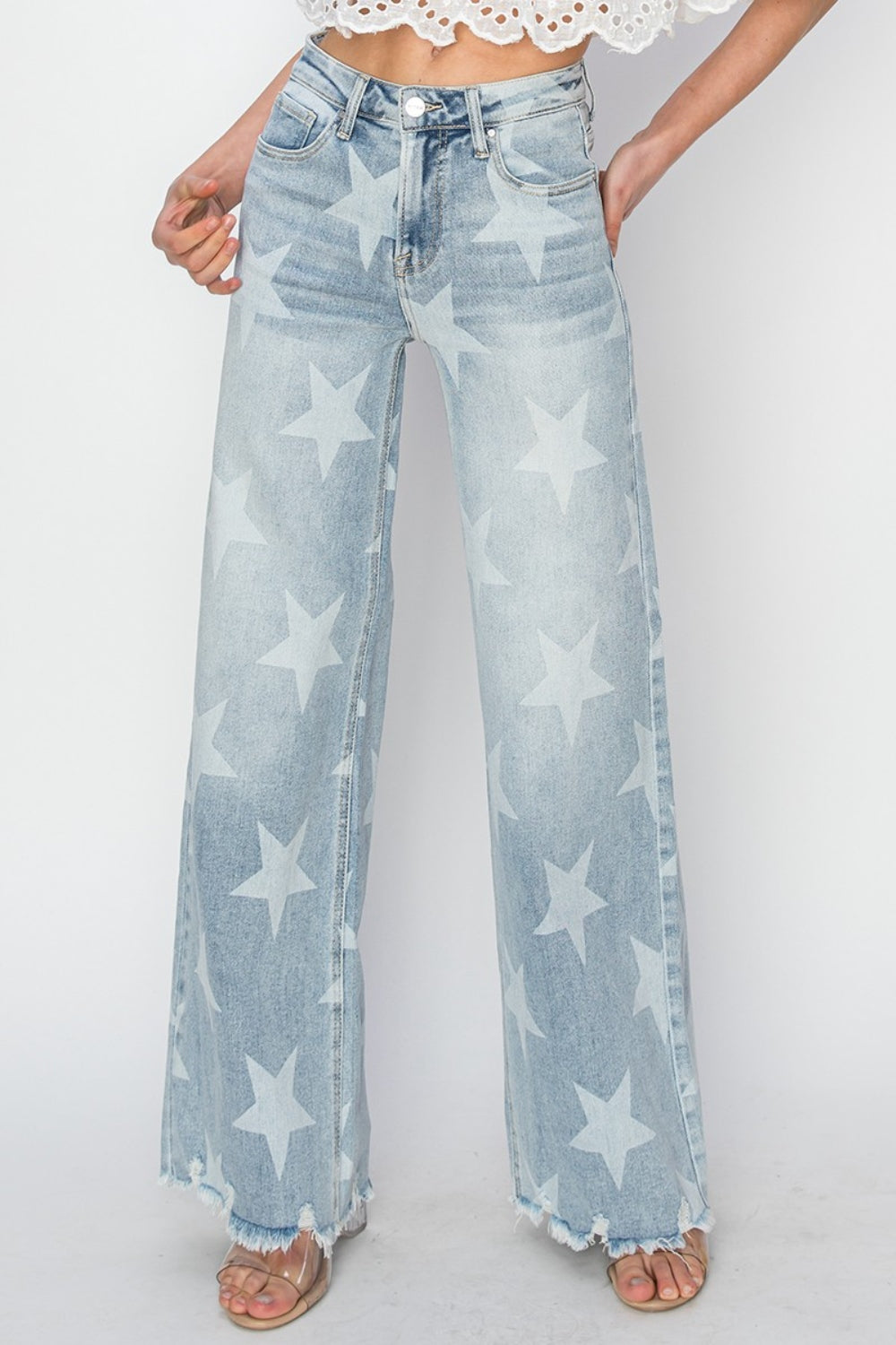 RISEN Full Size Raw Hem Star Wide Leg Jeans-Teresa&#39;s Fashionista LLC