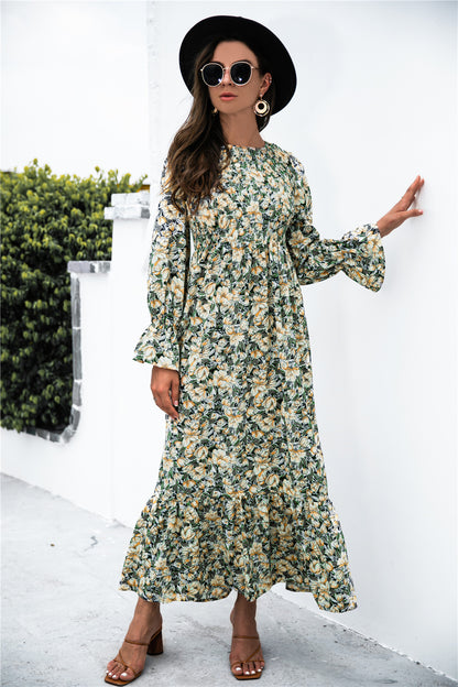 Printed Puff Sleeve Ruffle Maxi Dress-Teresa&#39;s Fashionista LLC