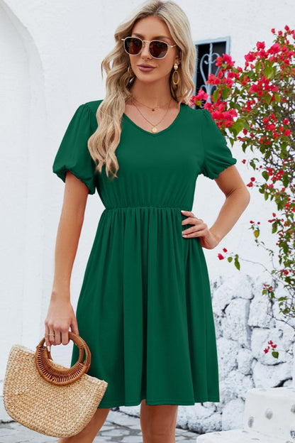 V-Neck Balloon Short Sleeve Dress-Teresa&#39;s Fashionista LLC