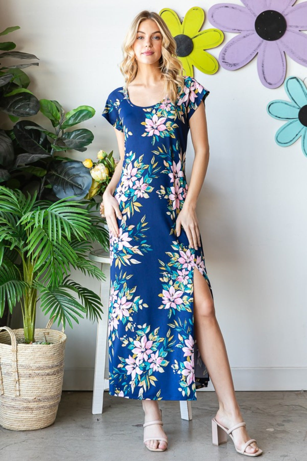 Heimish Full Size Floral Short Sleeve Slit Dress-Teresa&#39;s Fashionista LLC