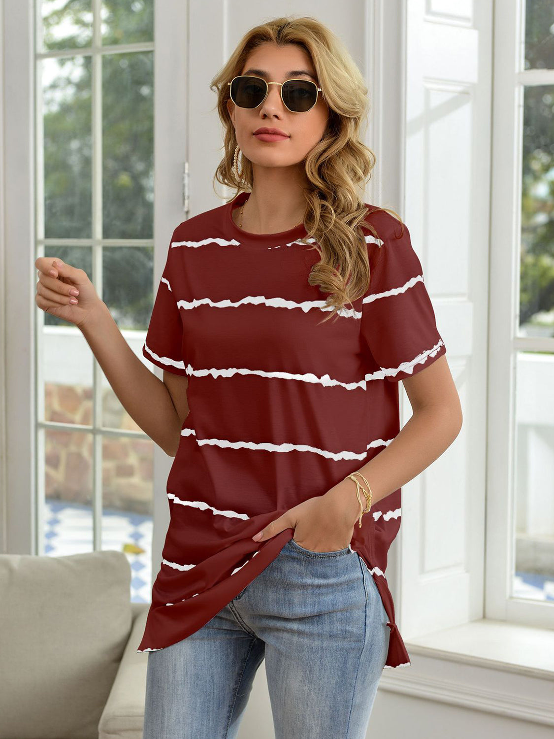 Striped Round Neck Short Sleeve T-Shirt-Teresa&#39;s Fashionista LLC