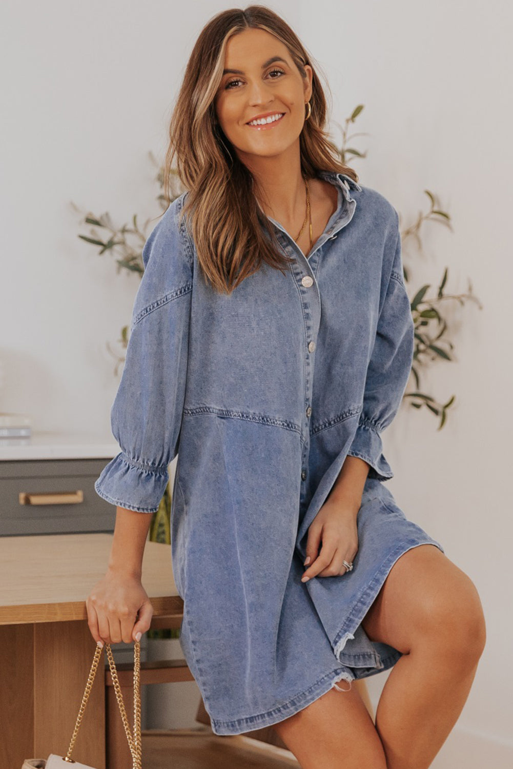 Collared Neck Flounce Sleeve Denim Mini Dress-Teresa&#39;s Fashionista LLC