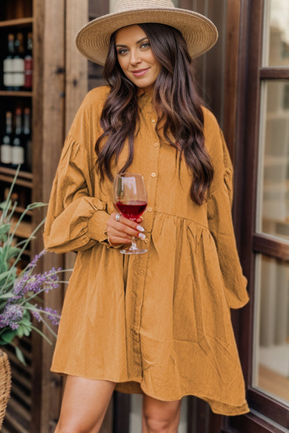 Button Up Lantern Sleeve Mini Shirt Dress-Teresa&#39;s Fashionista LLC