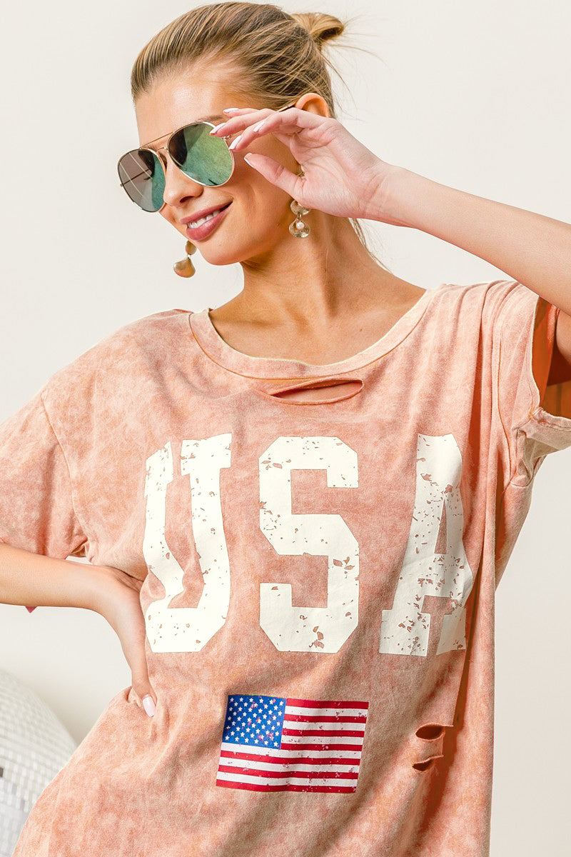 BiBi Washed American Flag Graphic Distressed T-Shirt-Teresa&#39;s Fashionista LLC