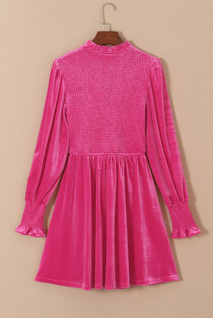 Rose Frilled Neck Smocked Bodice Velvet Dress-Teresa&#39;s Fashionista LLC