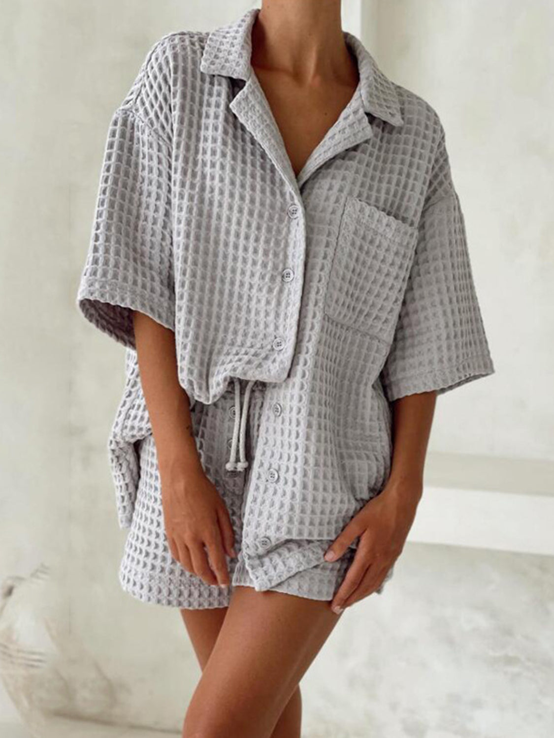 Waffle-Knit Dropped Shoulder Top and Shorts Set-Teresa&#39;s Fashionista LLC