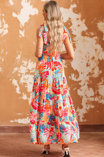 Printed Tie Shoulder Smocked Tiered Maxi Dress-Teresa&#39;s Fashionista LLC