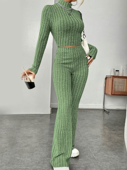 Ribbed Mock Neck Long Sleeve Top and Pants Set-Teresa&#39;s Fashionista LLC