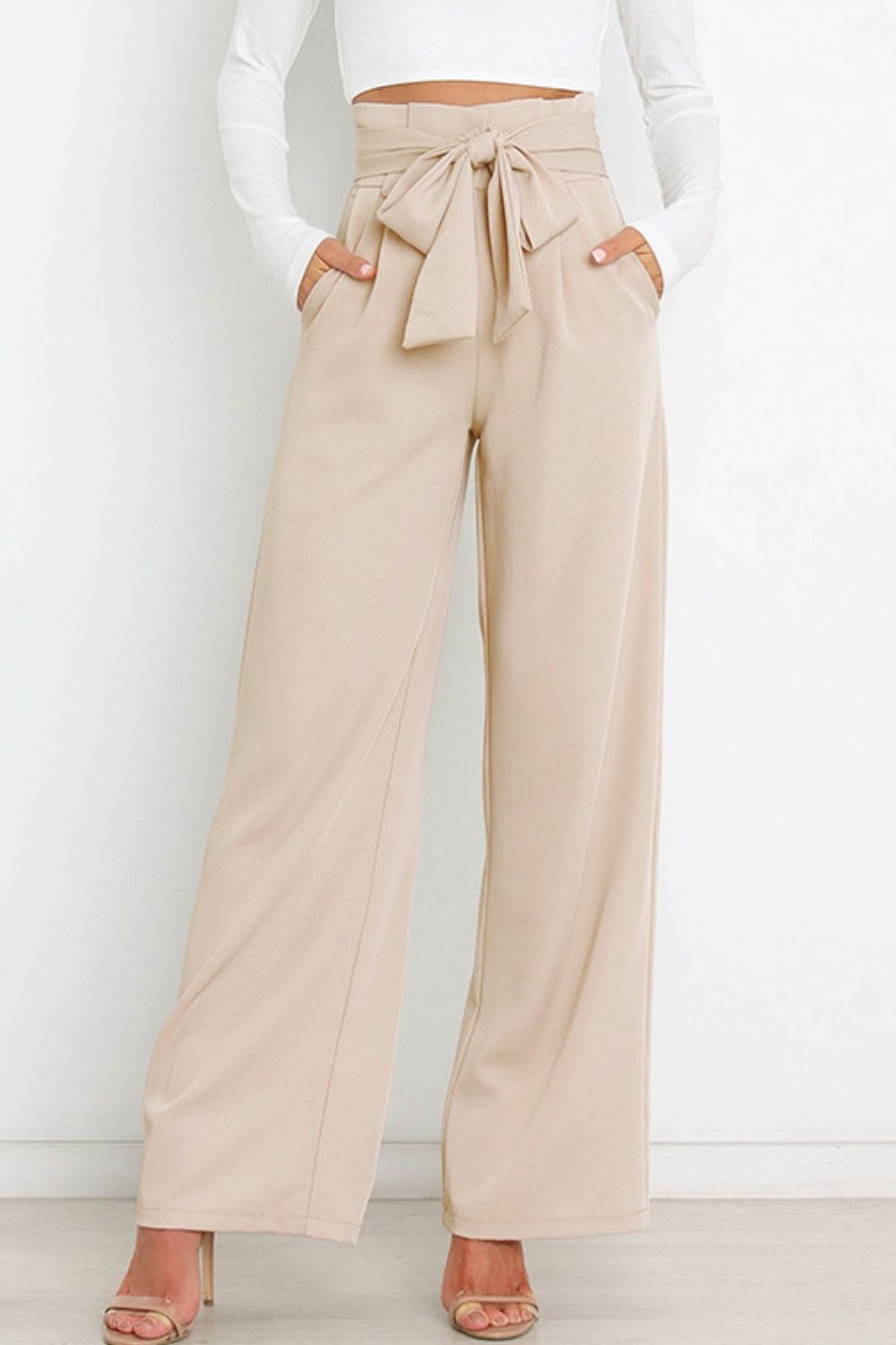 Tie Front Paperbag Wide Leg Pants-Teresa&#39;s Fashionista LLC