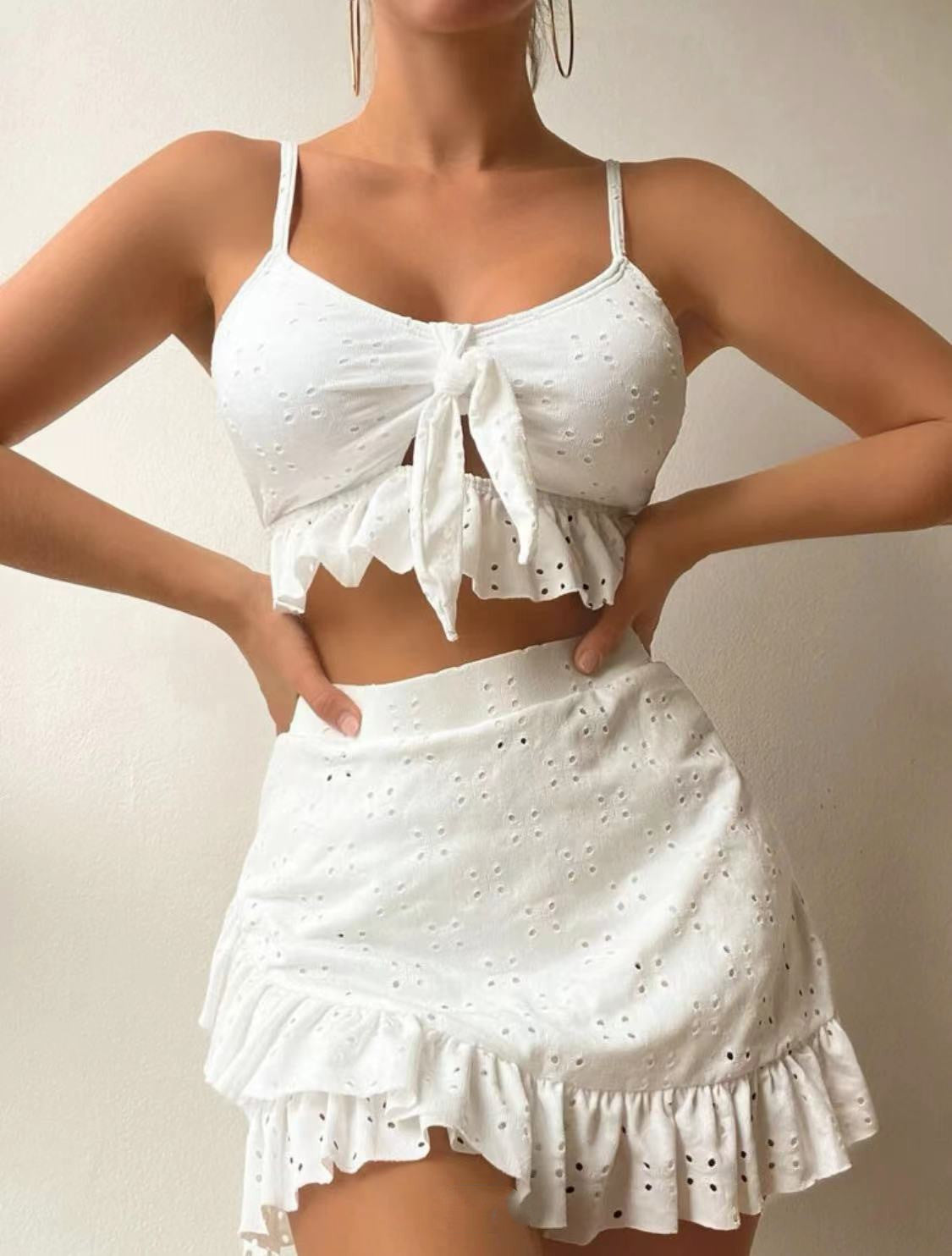 3pcs Beach Bikini With Hip-hugging Skirt Fashion Ruffle Design Swimsuit Set Summer Womens Clothing-Teresa&#39;s Fashionista LLC