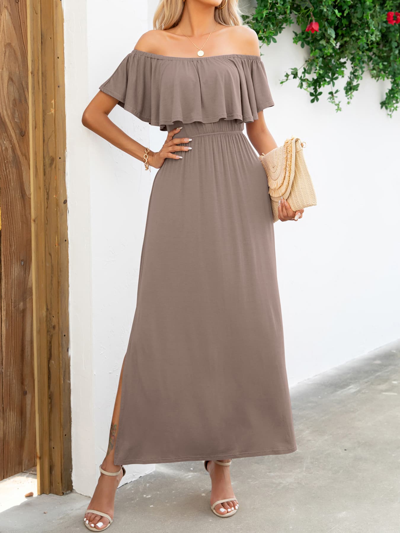 Off-Shoulder Slit Maxi Dress-Teresa&#39;s Fashionista LLC