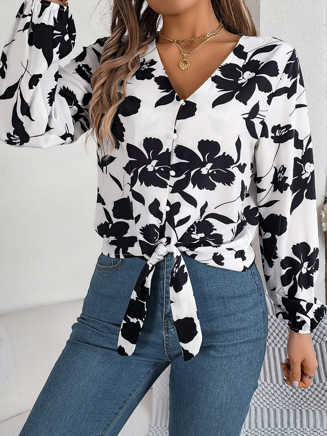 Printed V-Neck Long Sleeve Blouse-Teresa&#39;s Fashionista LLC