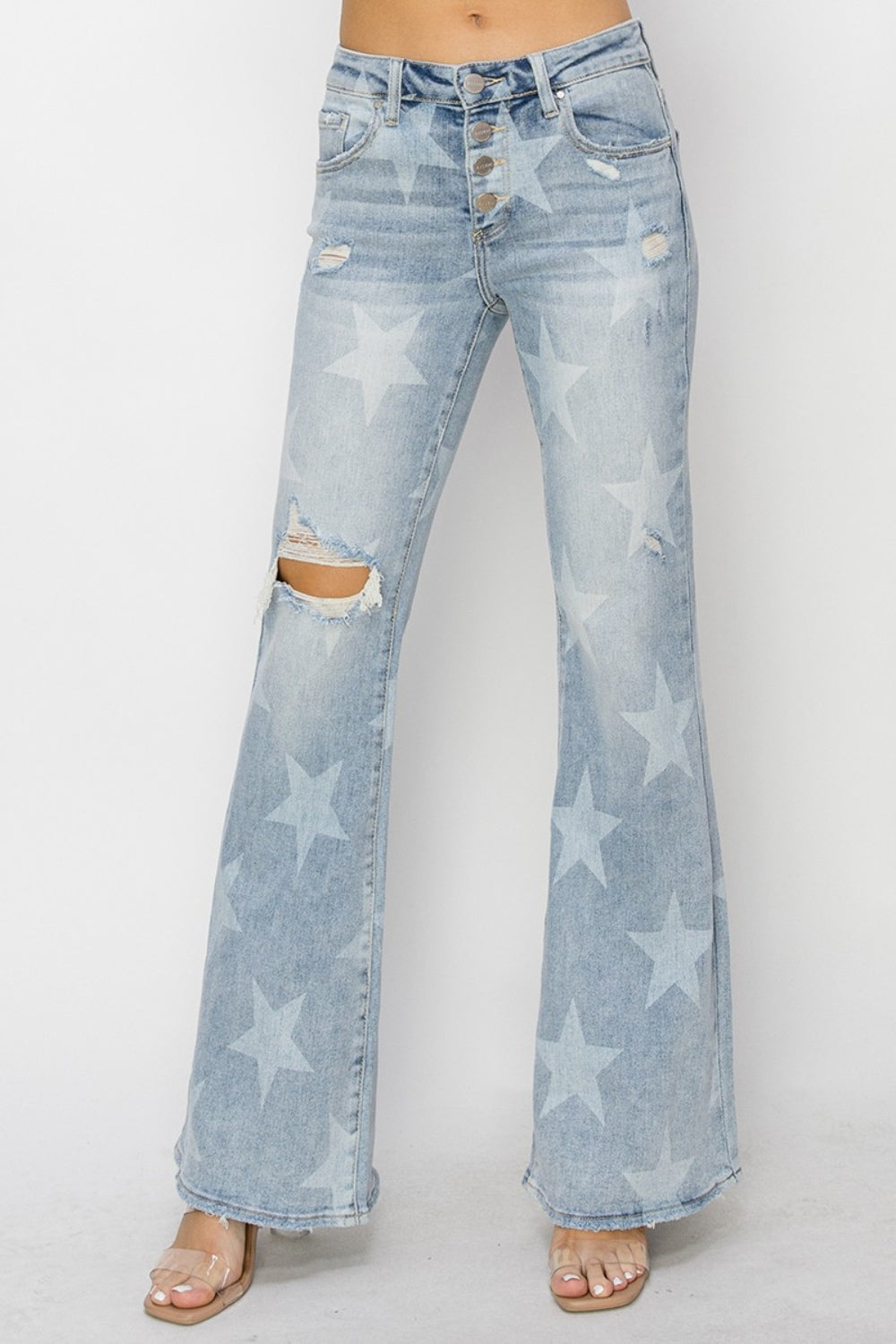 RISEN Mid Rise Button Fly Start Print Flare Jeans-Teresa&#39;s Fashionista LLC