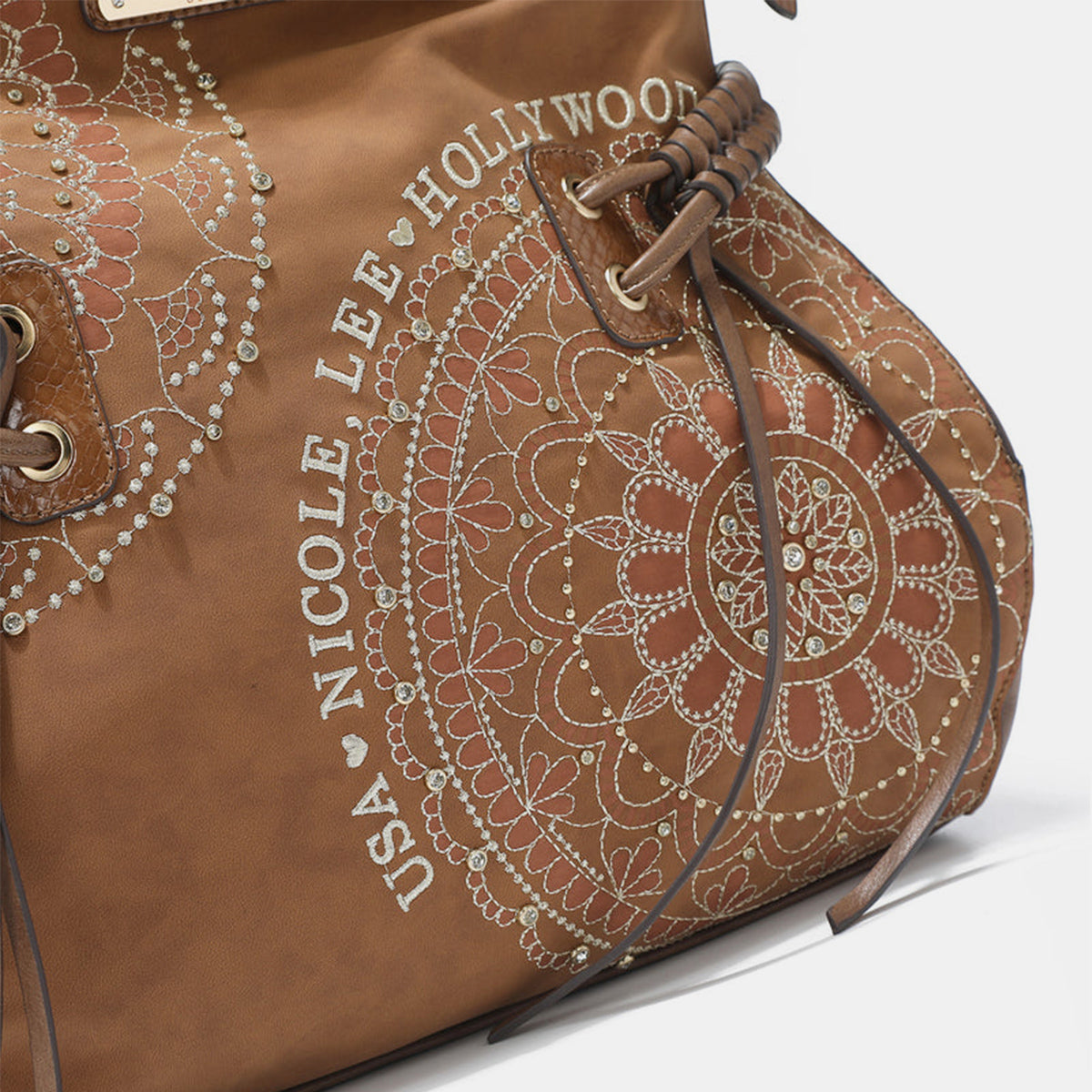 Nicole Lee USA Side Braided Tassel Inlaid Rhinestone Embroidery Hobo Bag-Teresa&#39;s Fashionista LLC