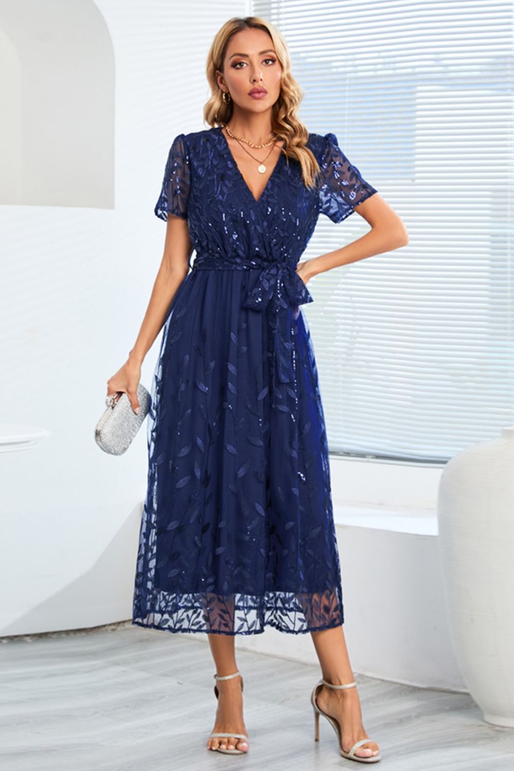 Sequin Leaf Embroidery Tie Front Short Sleeve Dress-Teresa&#39;s Fashionista LLC