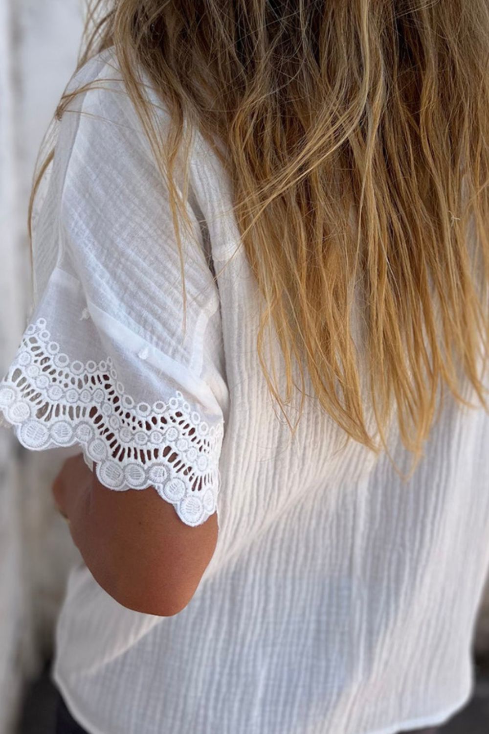 Lace Detail Collared Neck Short Sleeve Blouse-Teresa&#39;s Fashionista LLC