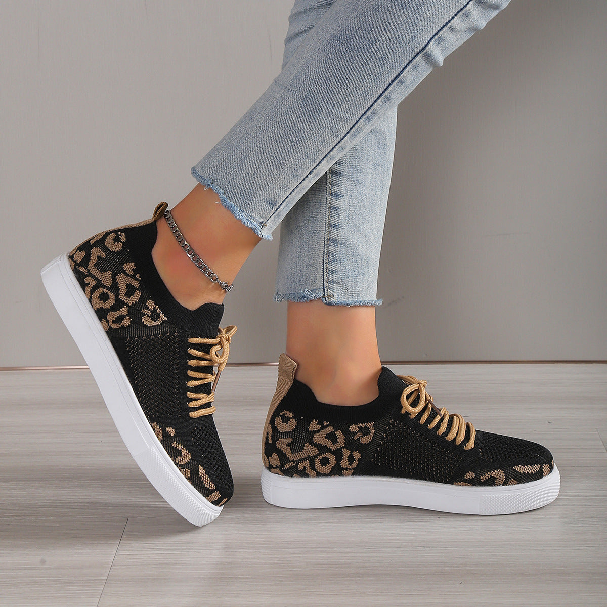 Lace-Up Leopard Flat Sneakers-Teresa&#39;s Fashionista LLC