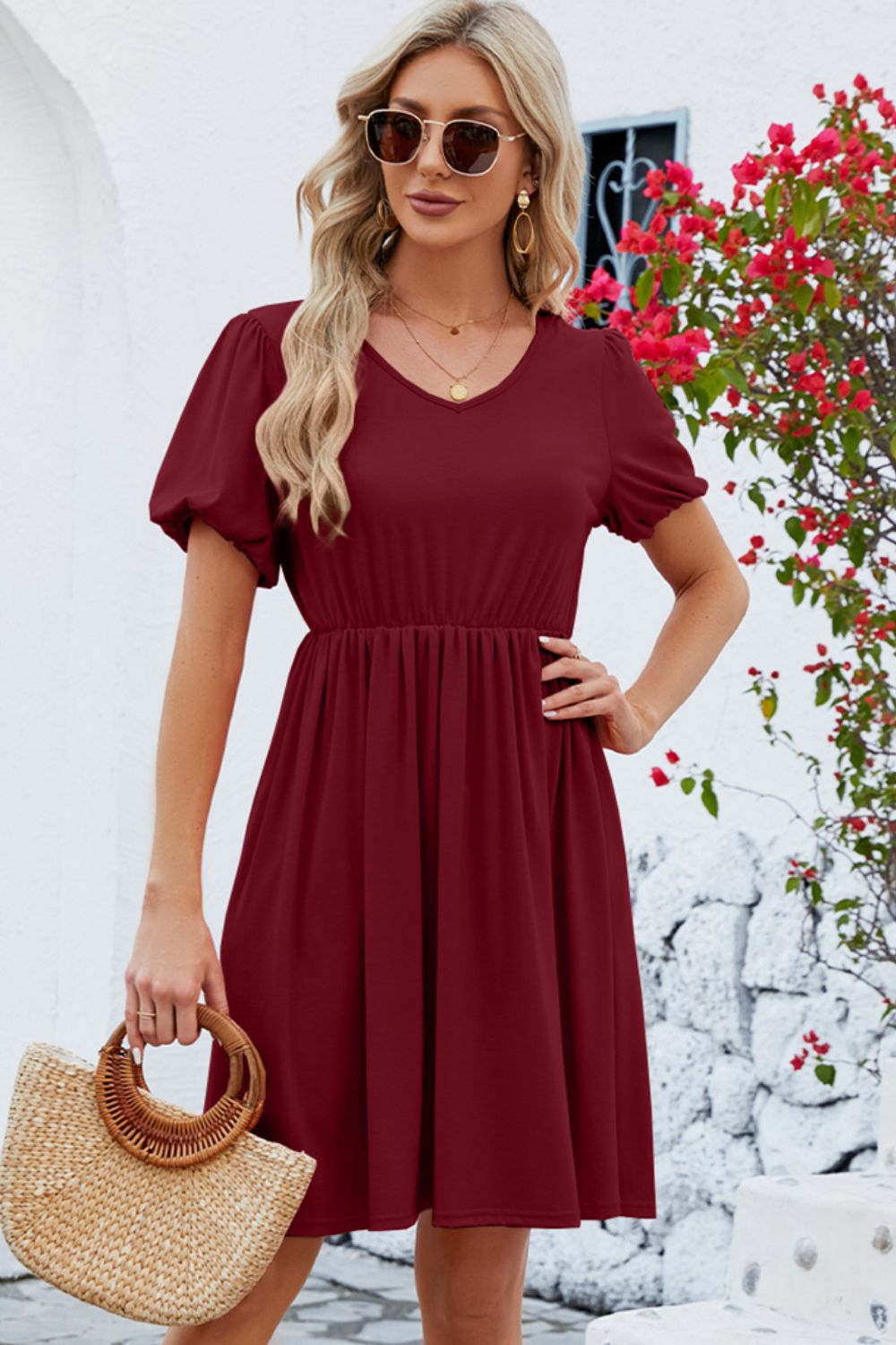 V-Neck Balloon Short Sleeve Dress-Teresa&#39;s Fashionista LLC