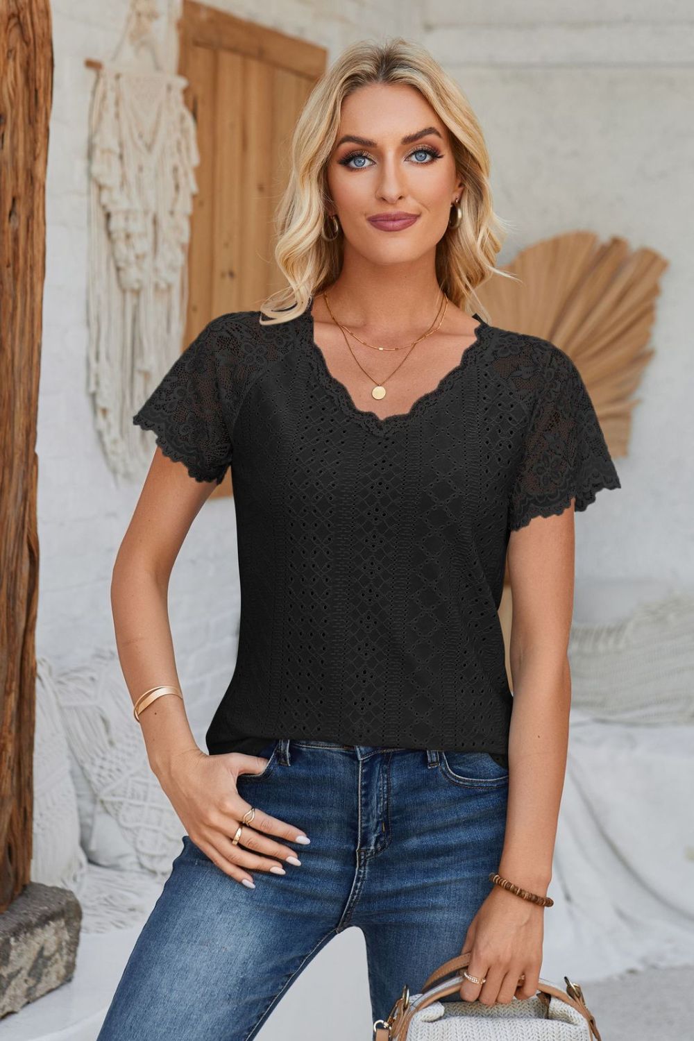 Eyelet V-Neck Lace Short Sleeve T-Shirt-Teresa&#39;s Fashionista LLC