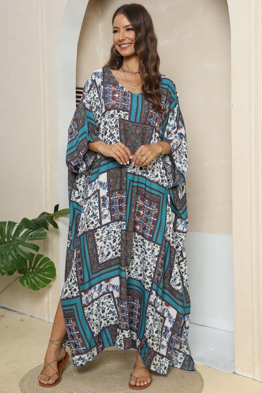 Printed V-Neck Split Maxi Dress-Teresa&#39;s Fashionista LLC