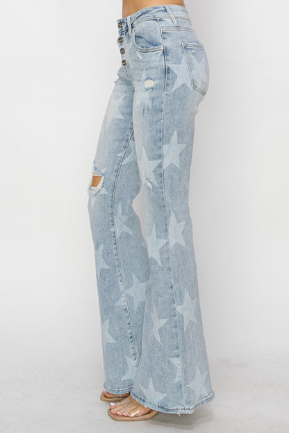 RISEN Mid Rise Button Fly Start Print Flare Jeans-Teresa&#39;s Fashionista LLC