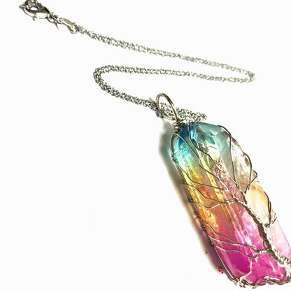 Crystal Plating Rainbow Color Crystal Pillar Tree Of Life Pendant Necklace-Teresa&#39;s Fashionista LLC