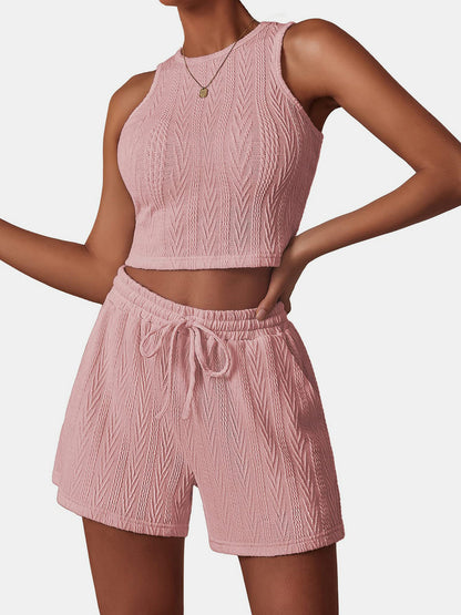 Textured Round Neck Top and Shorts Set-Teresa&#39;s Fashionista LLC