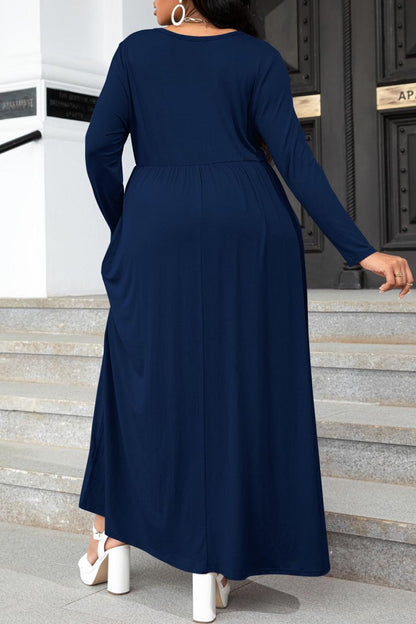 Plus Size Round Neck Long Sleeve Maxi Dress with Pockets-Teresa&#39;s Fashionista LLC