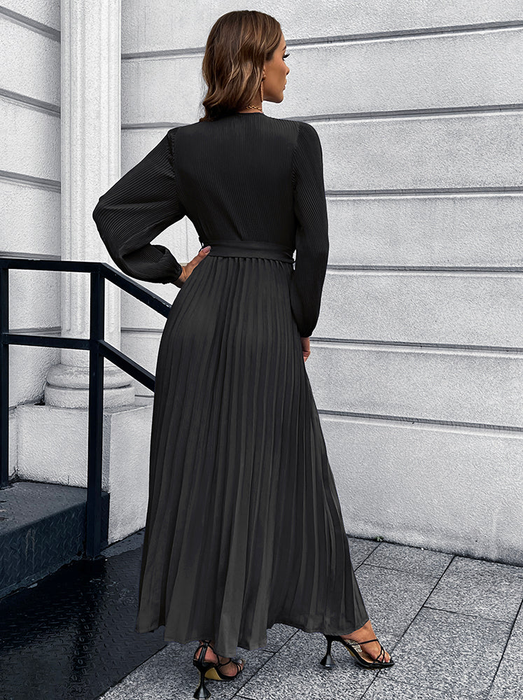 V-Neck Tie Waist Pleated Maxi Dress-Teresa&#39;s Fashionista LLC